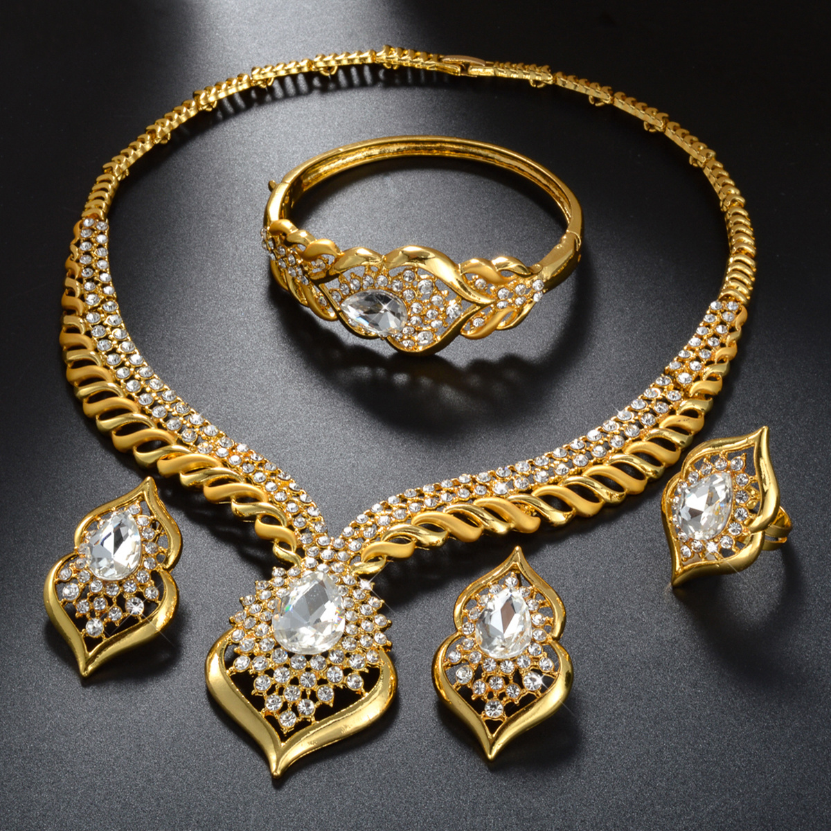 1 Set Elegant Copper Jewelry for Women - Luxury Teardrop Pendant Necklace, Bracelet, Ring, and Earrings with Synthetic Zirconia - Middle Eastern Style for Wedding, Party, Ramadan - All-Season Gift Set