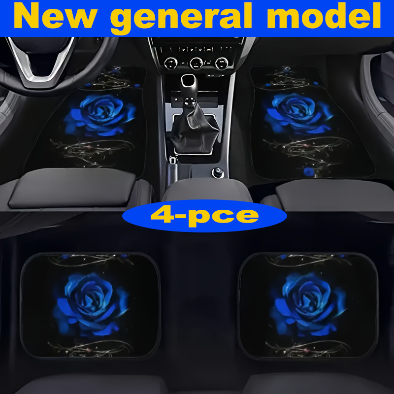 TEMU Suitable For All Car Models, 4pcs Set Blue Large Rose Pattern Car Carpet, Vehicle Carpet With Non-slip Base, Easy-to-clean Car Interior