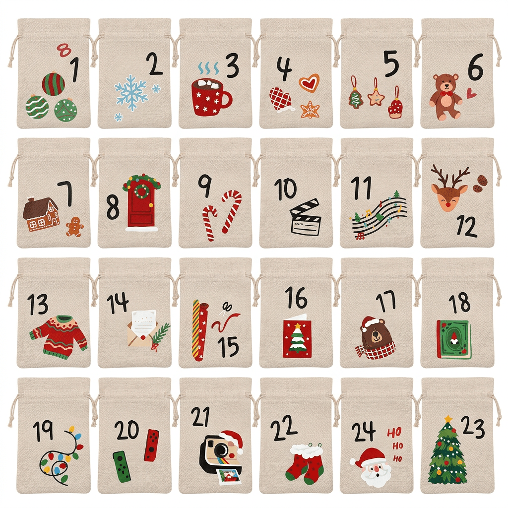 TEMU Gift For Her/him 24pcs Christmas Advent Calendar Drawstring Bags Reusable Fabric Gift Pouches With Numbers 1 To 24 For Festive Holiday Countdown