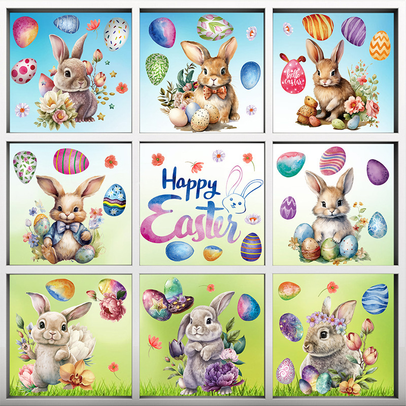 

Easter Celebration 56pcs Window Clings Set - Bunny, Chick, Egg & Poppy Designs On 9 Sheets - Spring Floral & Decals For Home And Kitchen Decor