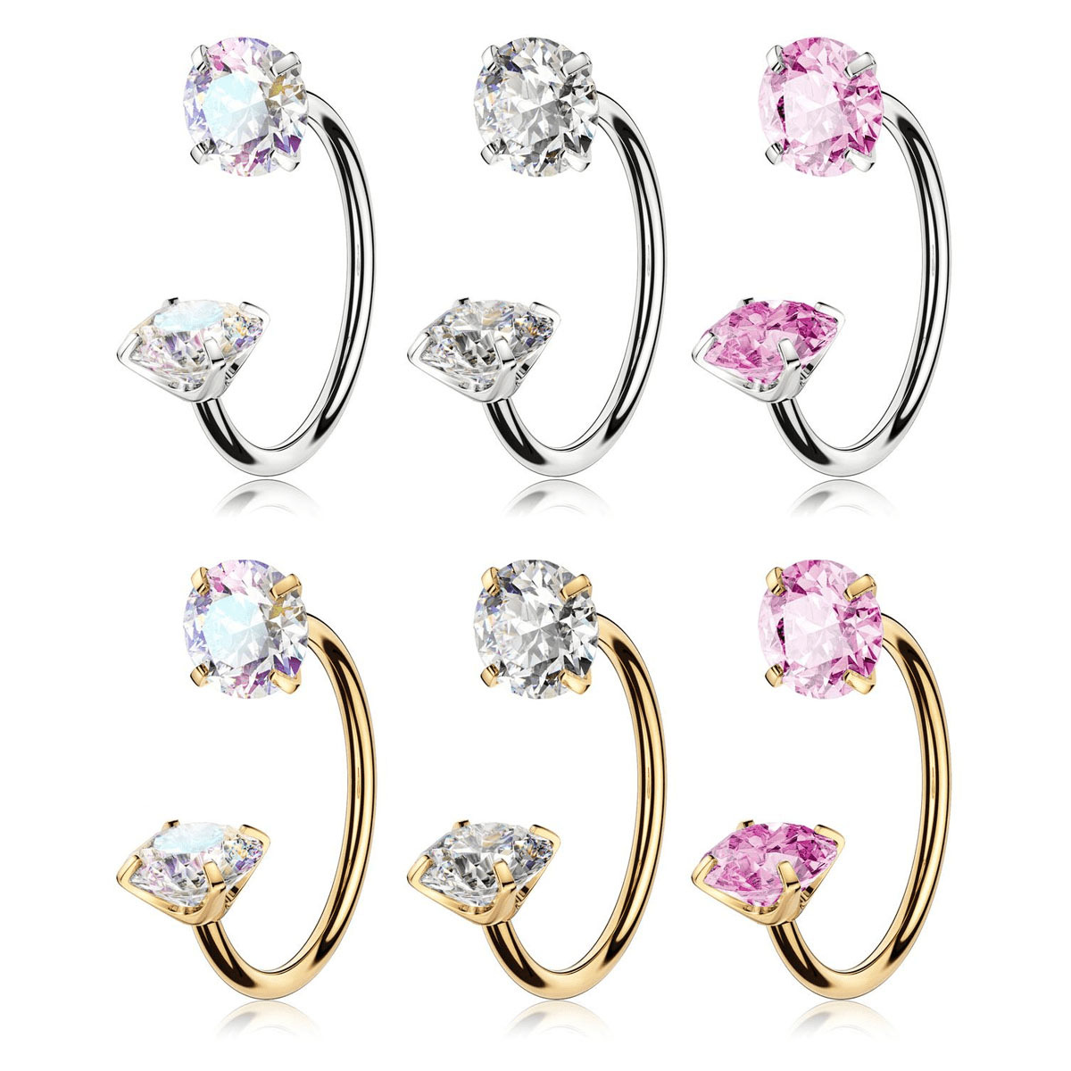 TEMU 6pcs Set 16g (1.2mm) 8mm Horseshoe Nose Ring With Gem, With Closure