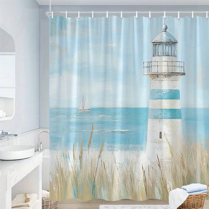 Lighthouse Nautical Shower Curtain – Waterproof Beach Theme Bathroom Decor With Liner | No Hooks Needed