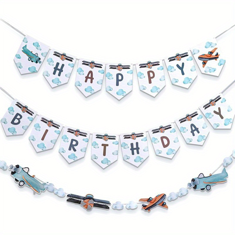 Image of 3pcs Vintage Airplane Birthday Party Banner Set, Including Airplane Wreath, Celebration Garland For Airplane Shower Party Supplies And Birthday Decorations