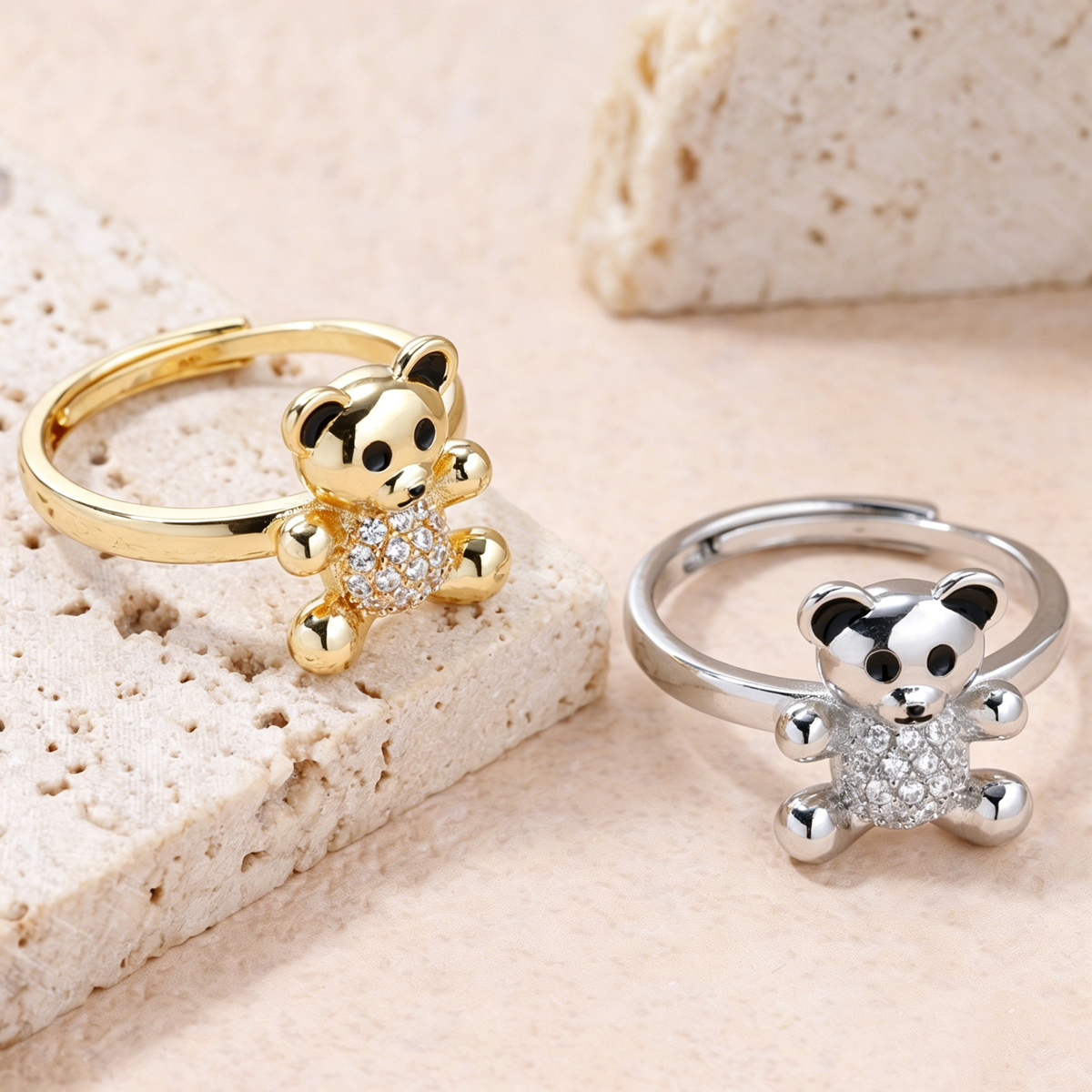 Minimalist Teddy Bear Shaped Open Ring with Synthetic Zirconia