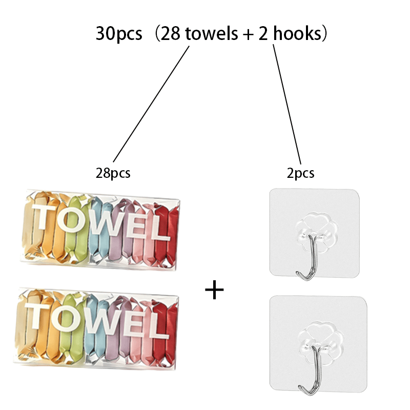 TEMU 30pcs (28 Towels And ) Portable Compressed Disposable Towel Set, Dry Wet Dry Dual Use Individually Packed Travel Wash Cloths, Multicolor Mini