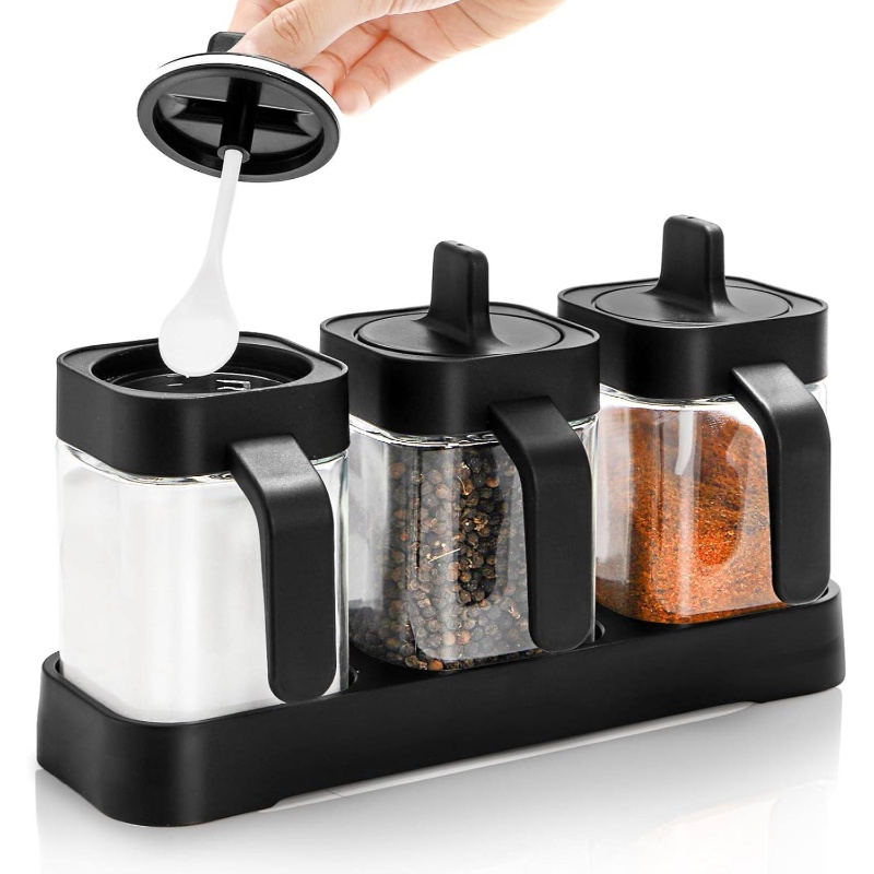 set of 3   condiment jars with lids & spoons - 13.5oz salt, pepper,   containers with tray, modern black kitchen pantry storage set, seasoning box for countertop organization Product details 0