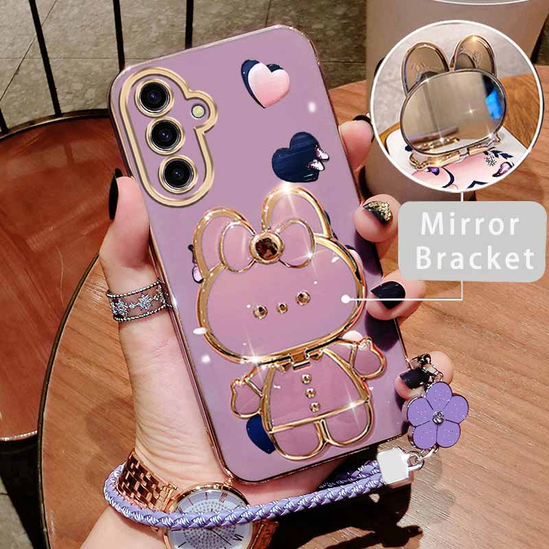 TEMU Phone Case - Rabbit And Heart-shaped Mirror Stand With Lanyard Beauty Symbolism Pattern For Galaxy A17 Phone Case, Comfortable Shell For Galaxy