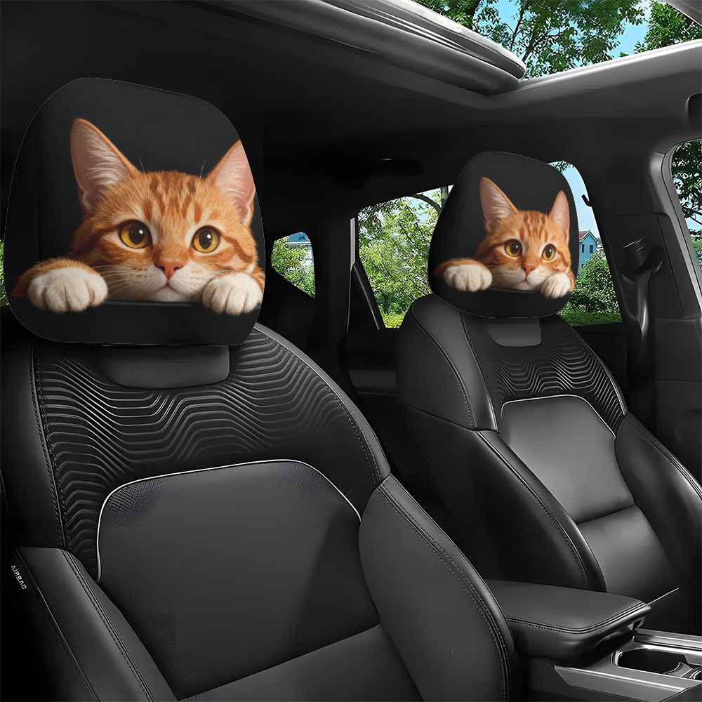 TEMU 2d Flat-2pcs Black Background With Peeking Out Car Headrest Cover, For And Removal, Suitable For Car Interior, Ideal For Couples, , And Road