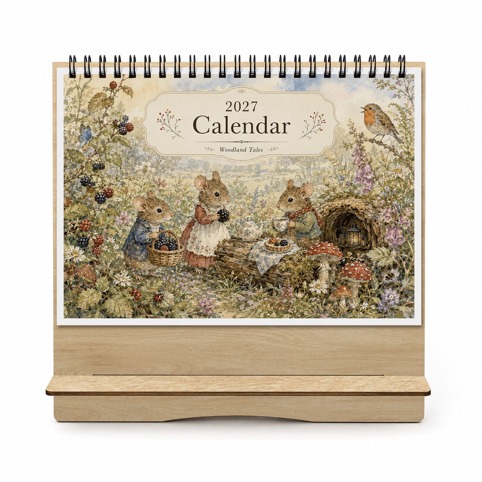 TEMU 1pc Woodland Mice Desk Calendar 2027 - 12-month Spiral Bound Planner With Wood Stand & Pen Holder, Monthly Tabbed Calendar Suitable For Home