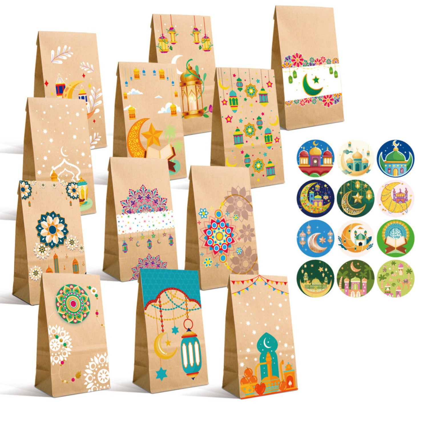 

12 Pack Ramadan Gift Bags - Reusable Handmade Paper Tote Bags With Assorted Festival Designs For Eid Celebrations & Party Supplies