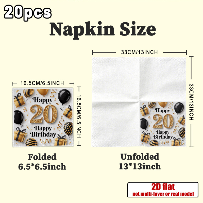 TEMU 2d Flat 20pcs, Happy 20th Birthday Golden Glitter Party Patterned Tissue Paper Guest Hand Towels Decorative Paper, Spring Summer Picnic, Wedding