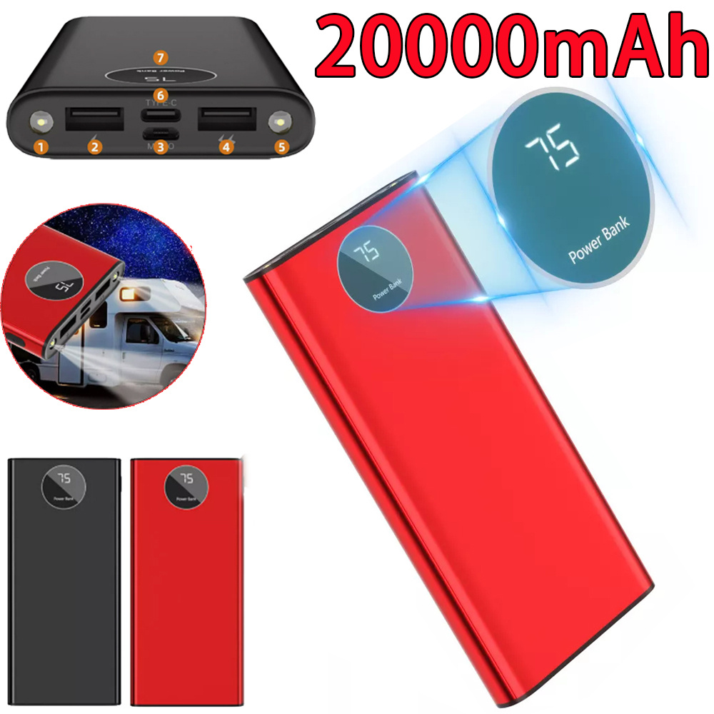 

20000mah Bank Mobile Power, Portable Fast Charger For All Devices - Long , Led Flashlight External Phone Charger For Smartphone, Smart Watch, Tablet. For Christmas (black/ Red)