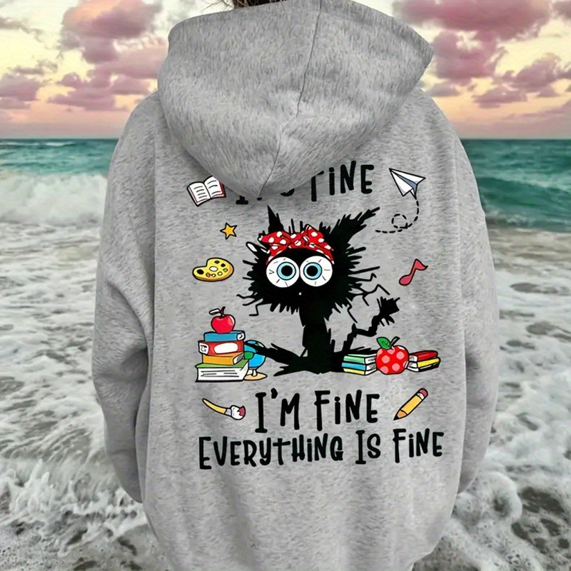 

Women's Casual Hoodie Sweatshirt With Geometric And Alphabet Print, Polyester Hooded Pullover With Drawstring, Knit Fabric, For Fall/winter Season - " Is Fine" Design