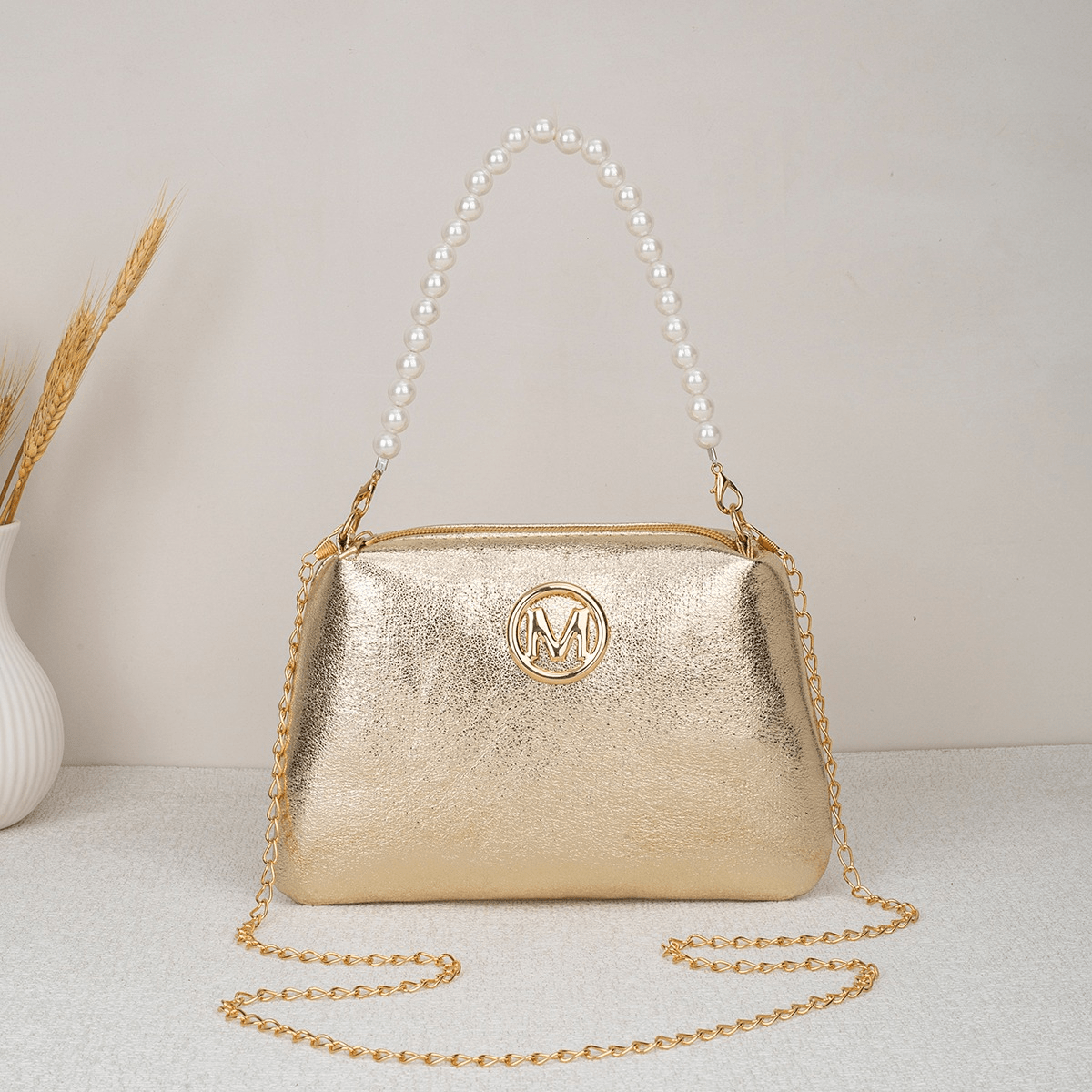 TEMU Women's Metallic Golden & Silvery Crossbody Bag With Pearl Handle - Elegant Shiny Mini Shoulder Purse With , Chic Clutch For Party, Wedding &