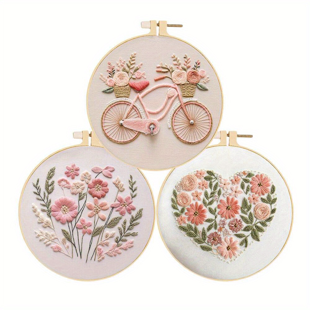Image of Set Of 3 Embroidery Kits Featuring A Floral Bicycle Design, Complete With Hoops. Ideal For Beginners In Cross- And Hand Sewing