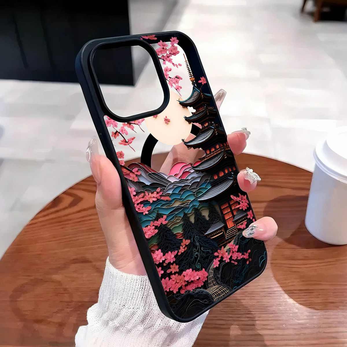 Phone Case: Japanese-style Pagoda Cherry Pattern Magnetic Transparent For Iphone Case, Acrylic Hard Back Shockproof Safety Stylish Artistic Phone Cover, For Iphone 17-11 Pro Air, Unisex, In Light Blue