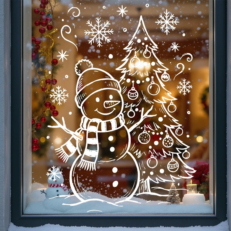TEMU 1pc Christmas Snowman Static Window Cling, Line Christmas Tree And Snowman Pattern Glass Sticker Decoration, Hand-drawn Style Christmas Holiday
