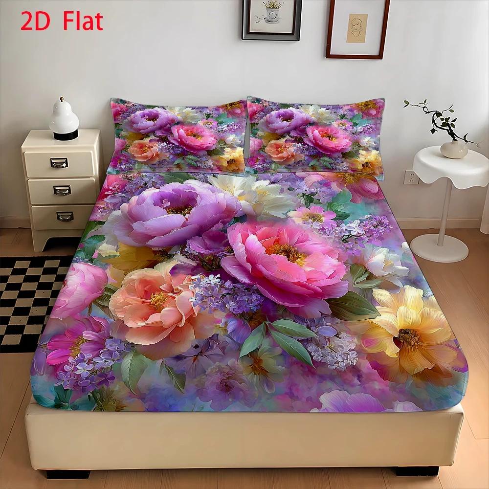 TEMU 3pcs Mattress Protector Set, 1pc Fitted Sheet And 2pcs Pillowcases (filling Not Included) 2d Flat Printing, Floral Theme, Style, Spring, Machine