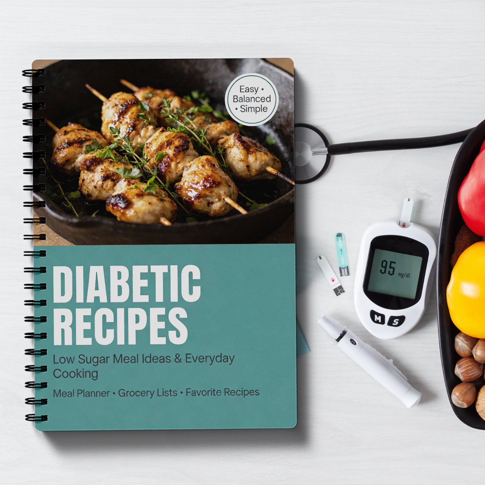 Diabetic Meal Plan & Blood Sugar Log Book - Low Glycemic Cookbook Suitable for Prediabetes, Insulin Resistance, Weight Loss with Glucose Tracking Journal & Daily Food Planner for Adults with