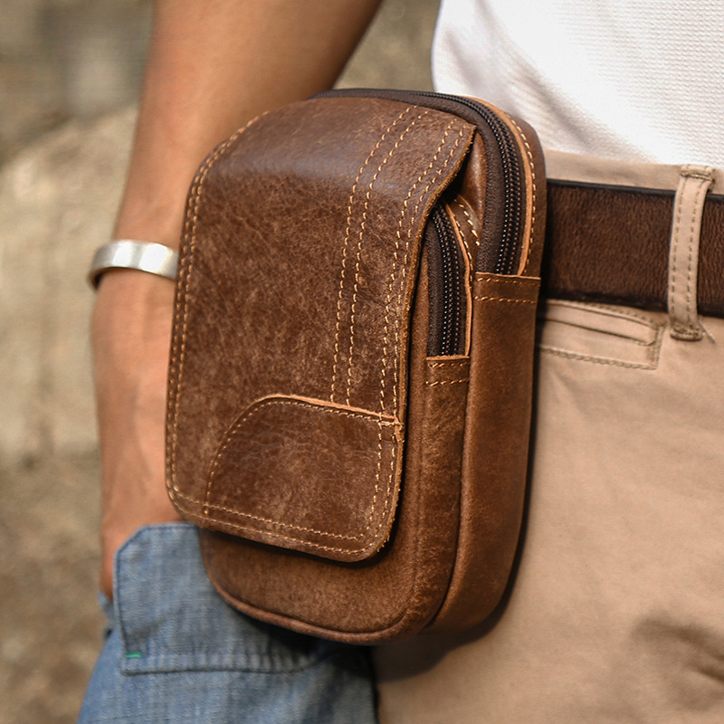Image of Wixzor Men's Vintage Leather Belt Phone Pouch Flip Multi-compartment Belt Loop Holster Cell Phone Small Item Holder For Outdoor Daily