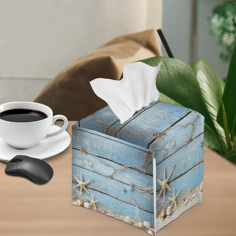 nautical   shells tissue box holder high quality pu leather square cube organizer with   design fits standard tissues decorative storage for bathroom bedroom office beach house ideal housewarming gift Product details 3