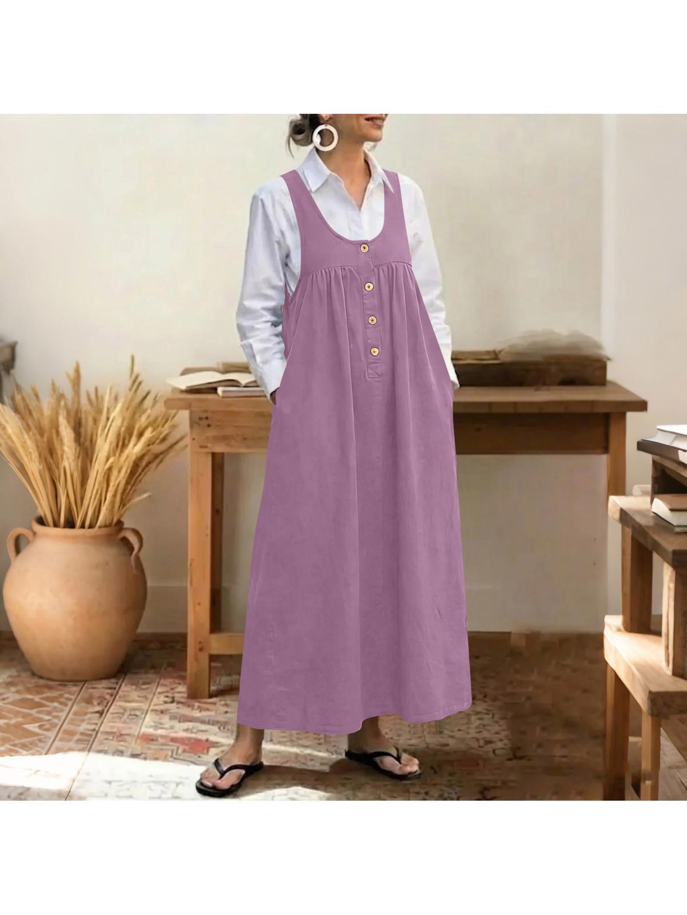 Women'S Sleeveless Strap Maxi Dress Vintage Button Front Pinafore with Side  Pockets Loose *-Neck Boho Sundress Lightweight Breathable * * Retro  Streetwear