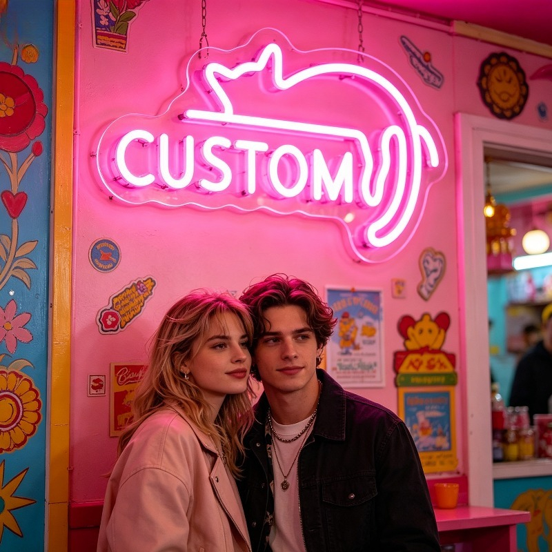 Custom Pink LED Neon Sign, Lazy Cat-Shaped, USB Powered