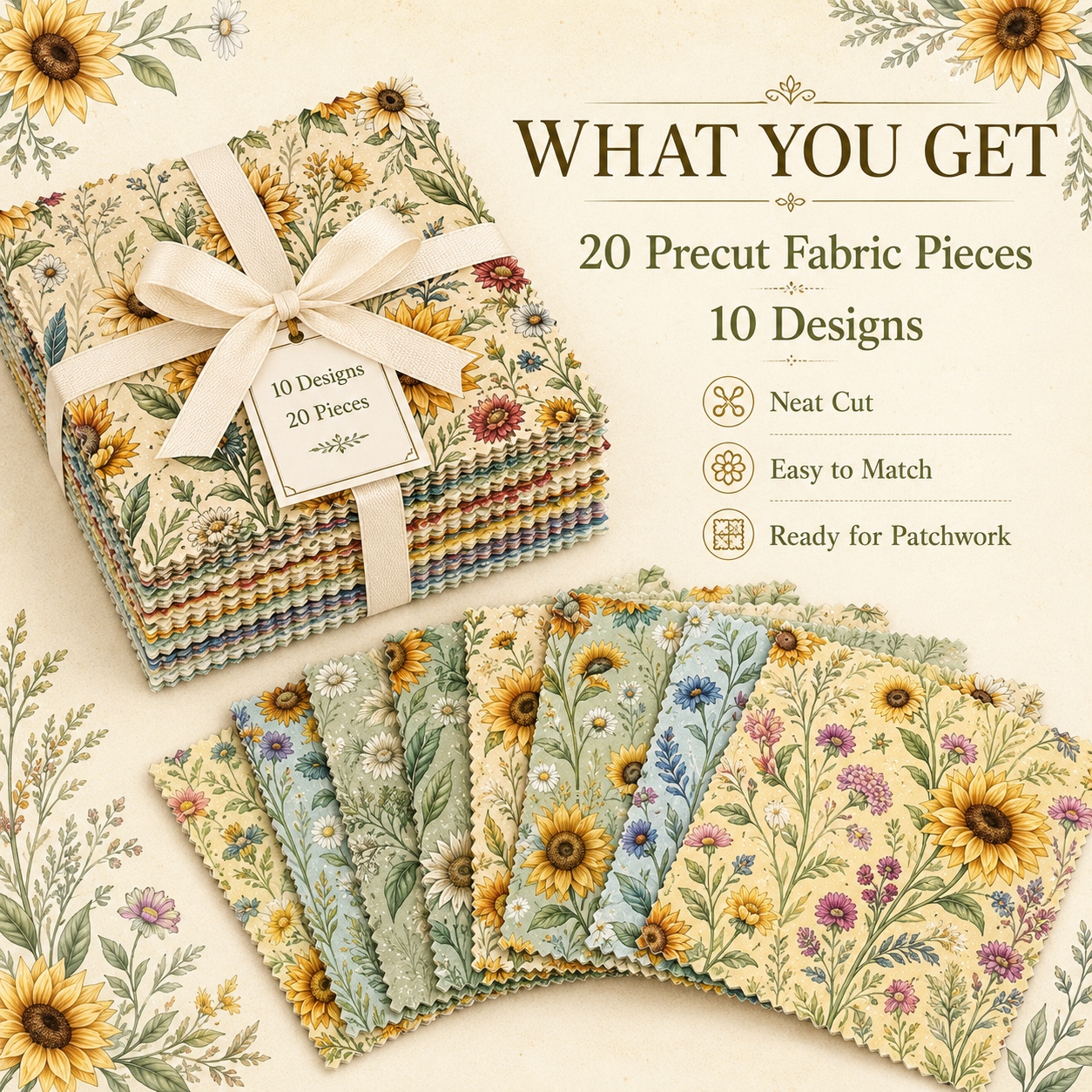 20pcs 10 x10 25 4cm x 25 4cm sunshine floral shadow series vibrant sunflower and colorful flowers   fresh   style printed squares halloween and christmas styles pre cut fabric squares for handmade textiles