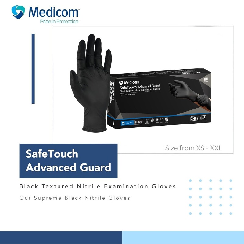 Medicom Safe Touch Nitrile Gloves - 100 Count -X Large - Black Gloves Work Gloves - Multipurpose Powder Free Gloves