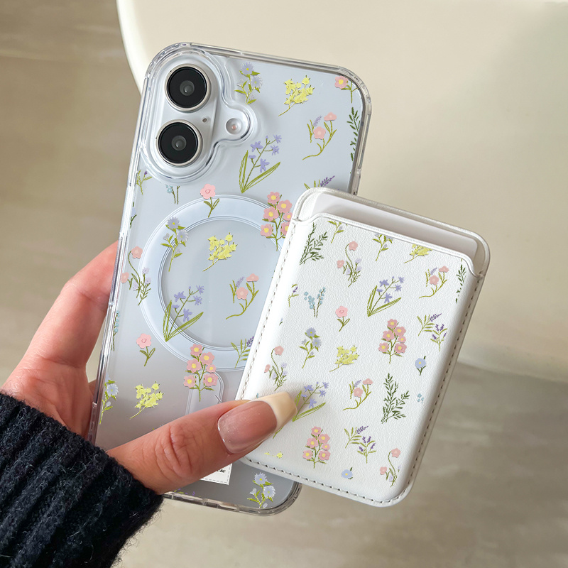 TEMU Phone Case - 2-in-1 High-definition Transparent Magnetic Phone Case With Premium Faux Leather Card Bag Grass Pattern Suitable For Iphone