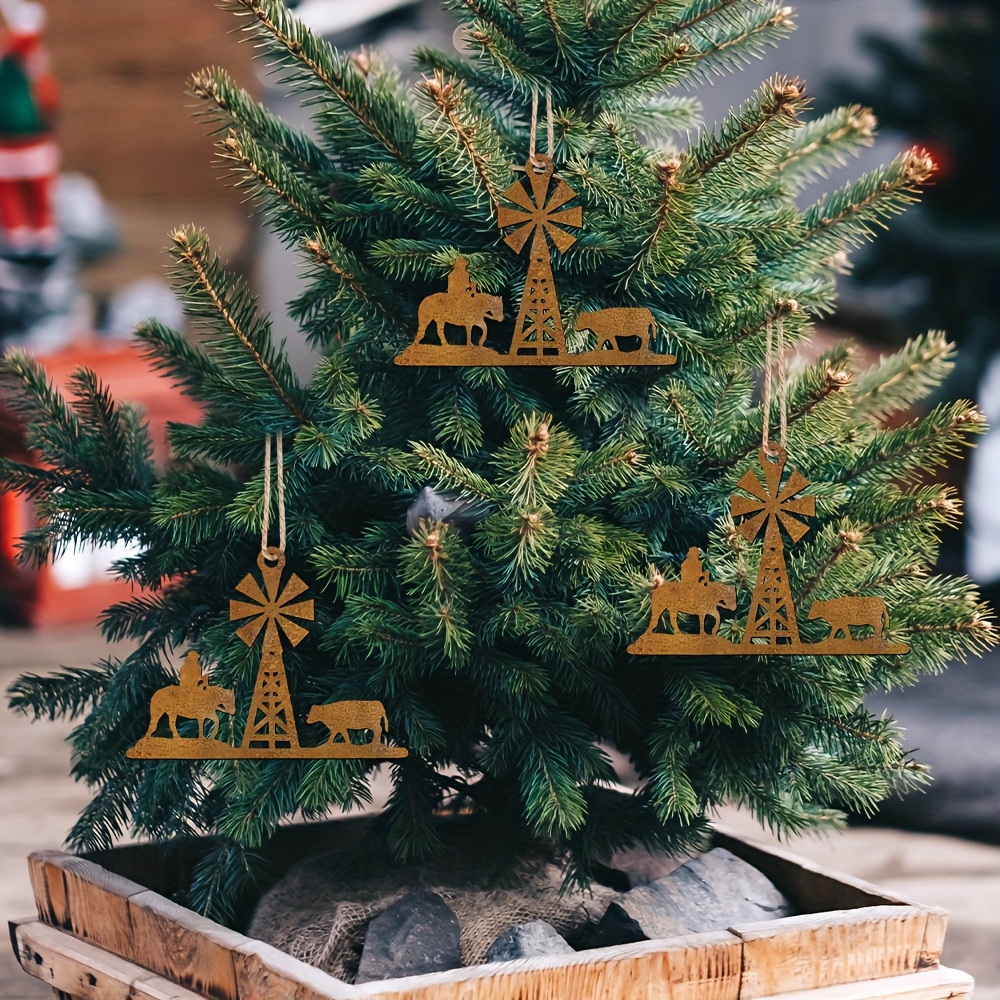 TEMU 3pcs Rustic Western Farm Silhouette Metal Hang Decor, Windmill Tower Bull Cowboy Design, Christmas Tree Outdoor Car Ornament Gift