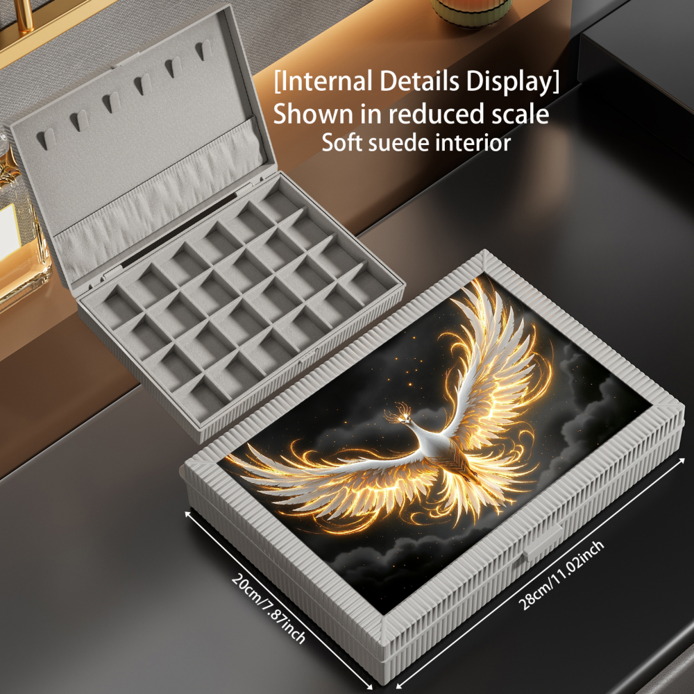 Golden Phoenix Pattern Print Velvet Jewelry Box, Elegant Storage