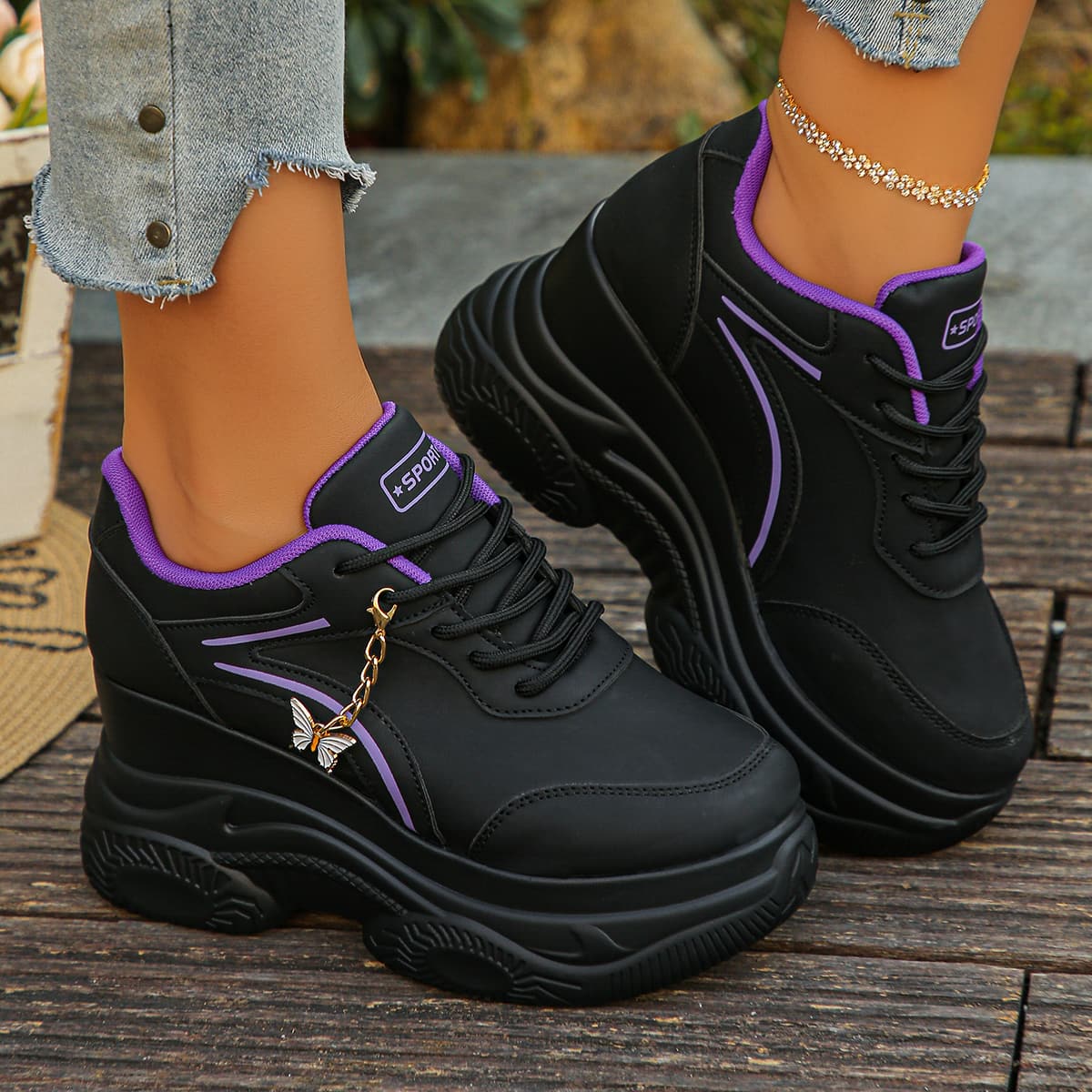 TEMU Breathable And Versatile Fashionable Running Shoes In Black And Purple, Trendy Thick-soled Height-increasing Sports Shoes For Women, With A