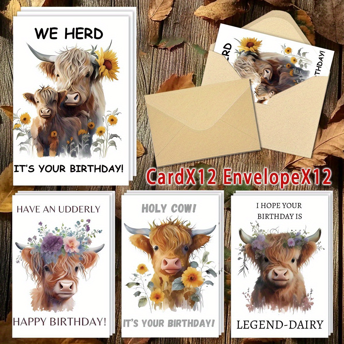 TEMU 24pcs Highland Cow Birthday Greeting Cards With Envelopes - Unique And Fun Themed Cards, Ideal For Family, , And Colleagues
