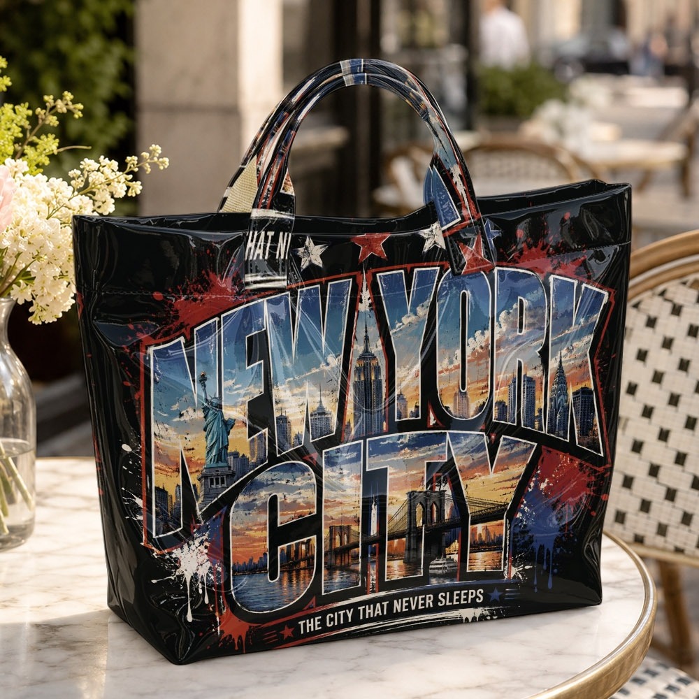 Image of A Retro Graffiti-style Tote Bag With A Background And A ' City That Never ' Theme. This Large, American-style Urban Travel And Vacation-inspired Tote Storage Space And Is Perfect For Short Trips