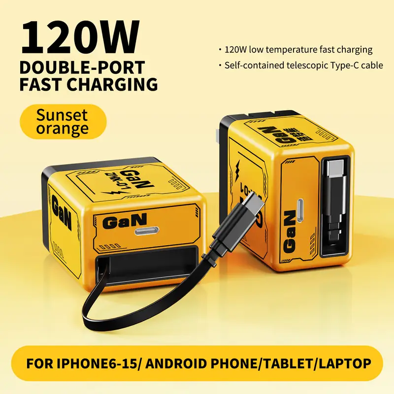 fast charger 120w high speed usb c foldable travel charger with 2 cables dual port fast charger universal for iphone samsung air yellow Product details 1