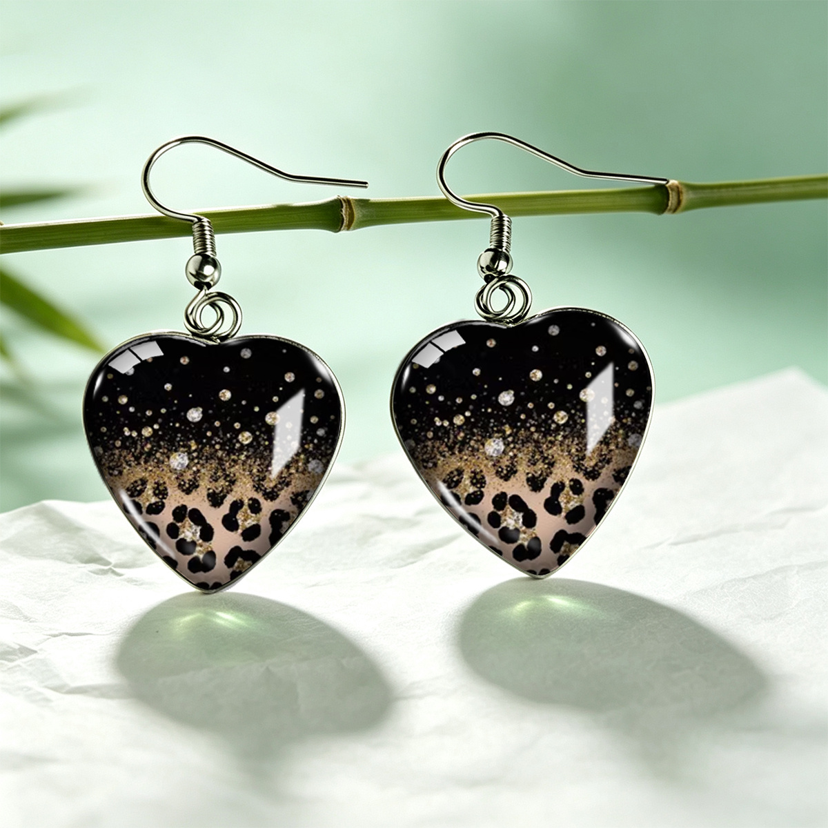 TEMU 1 Paar Schwarze Goldene Farbverlauf Glitzer Leopard Print Herzförmige Ohrringe, Retro Wild Atmosphärische Unisex Schmuckstücke, Ohne Batterie