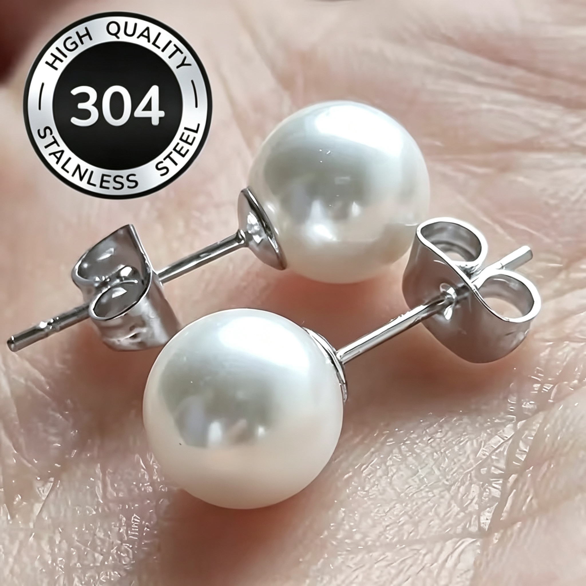 TEMU Pendientes de acero inoxidable de 2 piezas con esferas blancas de , elegantes pendientes de espiga con esfera redonda artificial, acero