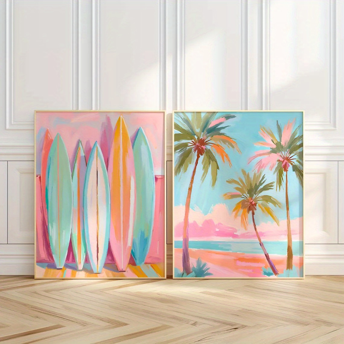 TEMU 2d Flat, 2d Flat, Collection Of Two, Retro Artwork, Soft Ocean Wall Decor For Coastal Themes, Vibrant Beach House Decoration, Perfect Gift For