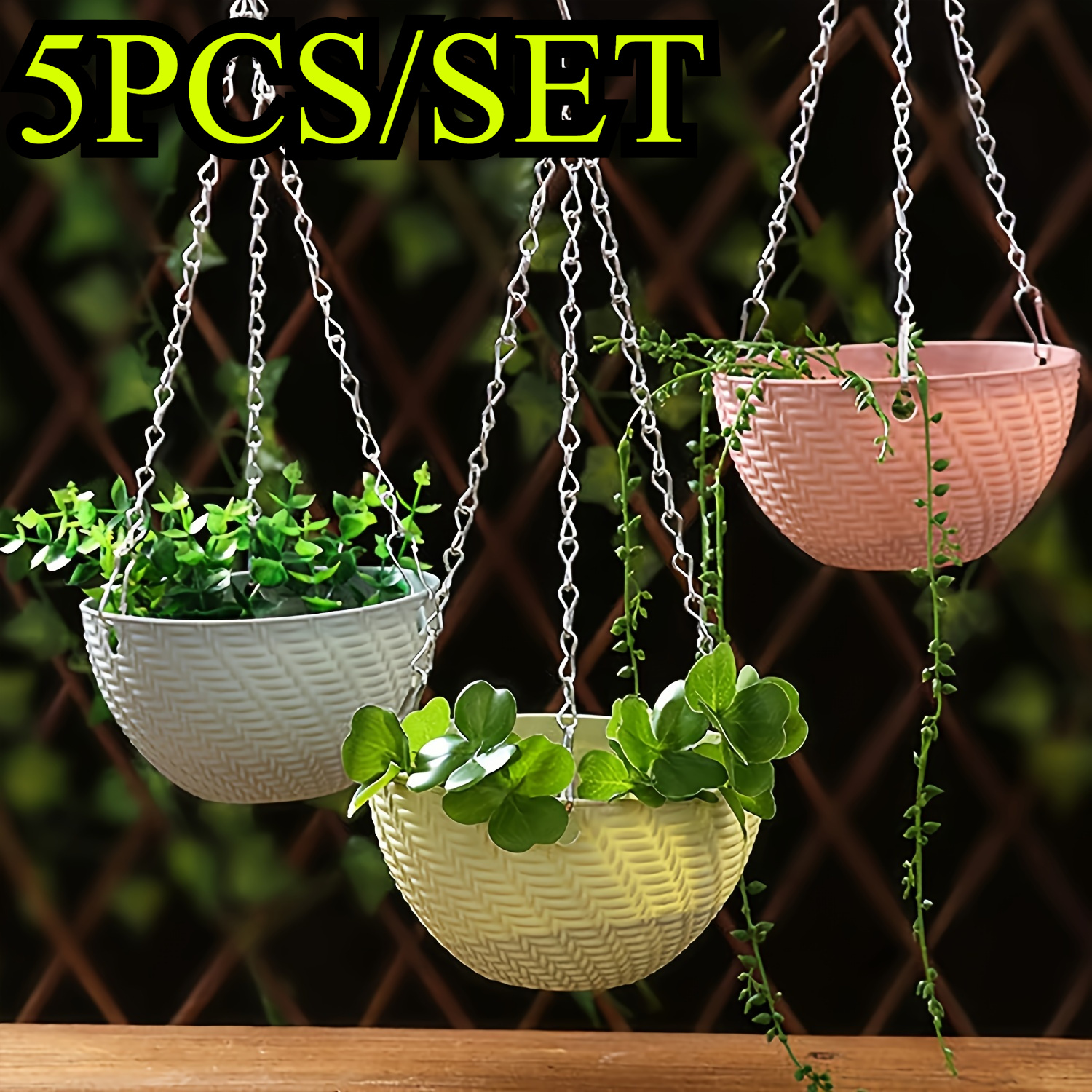 

Ensemble de 5 Pots Suspendus en Plastique Auto-Arrosants pour Intérieur & Extérieur - Pots à Fleurs Tendance avec Drainage & Chaînes, Idéaux pour Succulentes & Plantes Aquatiques - Pas d'Électricité