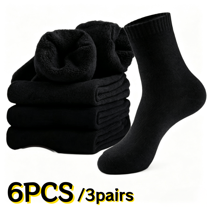 TEMU 6pcs/3pairs Thick Black Warm Mid-calf Socks For Men And Women In Winter, With A Thick Inner Lining That Locks In Heat And Warm, Cold-resistant