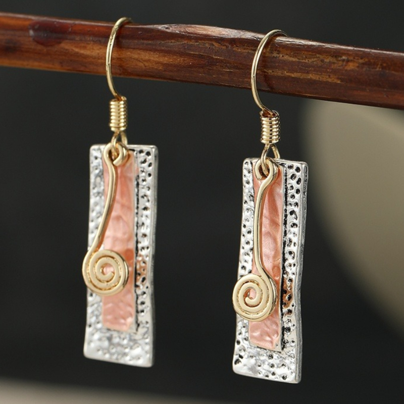 TEMU Retro Ethnic Style Rectangular Tricolor Stun Pendant Earrings, Made Of Copper, Suitable For Daily Party Jewelry Additions
