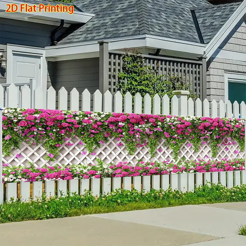 TEMU Banner decorativo 2D piatto, 1 pz, con recinzione in legno traforata e motivo rosa in poliestere, decorazione da esterno per prato e pareti,