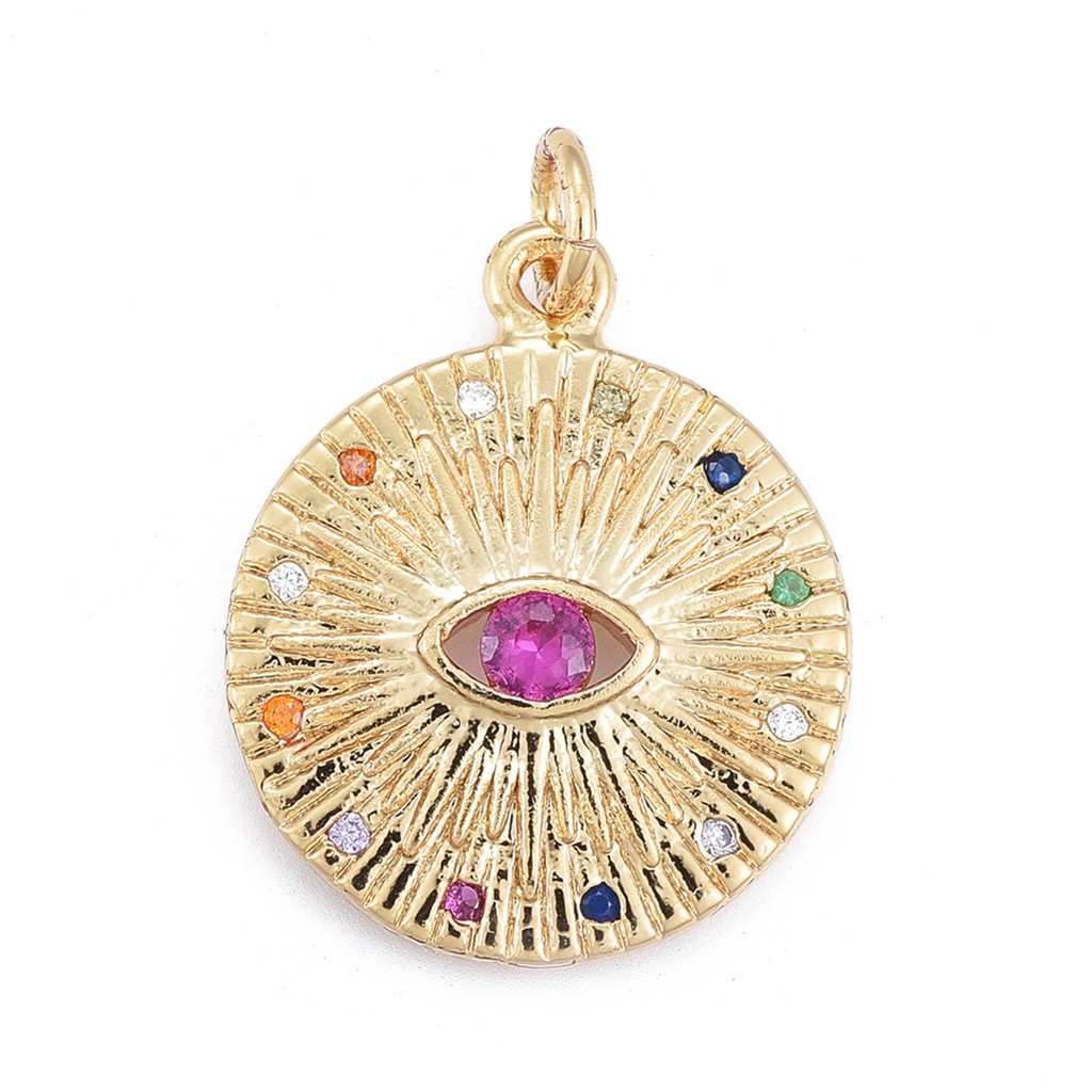 TEMU 2d Flat, 1pc 18k Gold Plated Brass Micro Pave Cubic Pendants, Flat Round With Eye, 19x17x2.5mm, For Making, Diy Necklace Bracelet Earrings