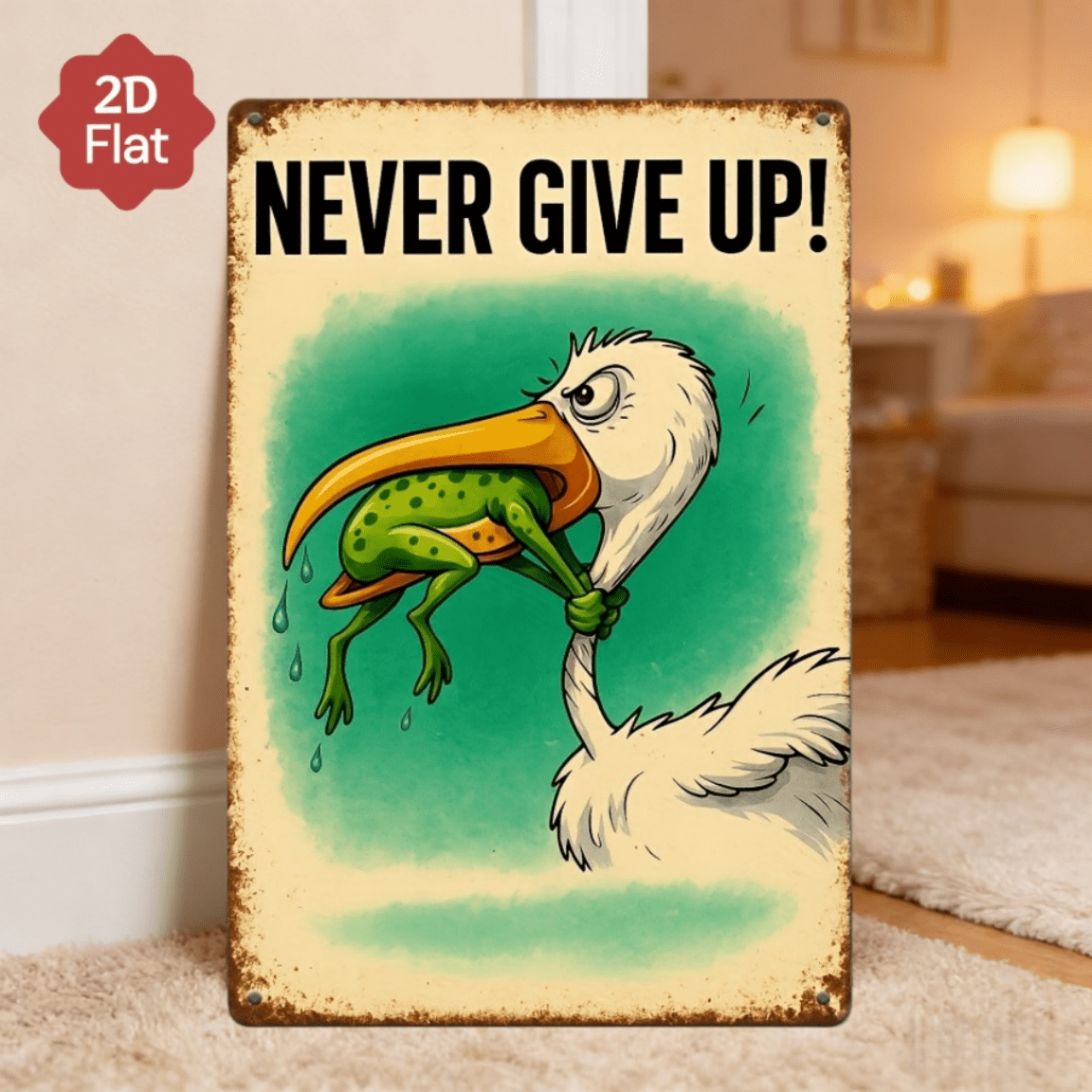 TEMU 2d Flat, 2d Flat Design, 1pc Of Interesting Frog And Bird Inspirational Sign, "never Give Up!" Vintage Wooden Wall Decor- With Distressed Edges,