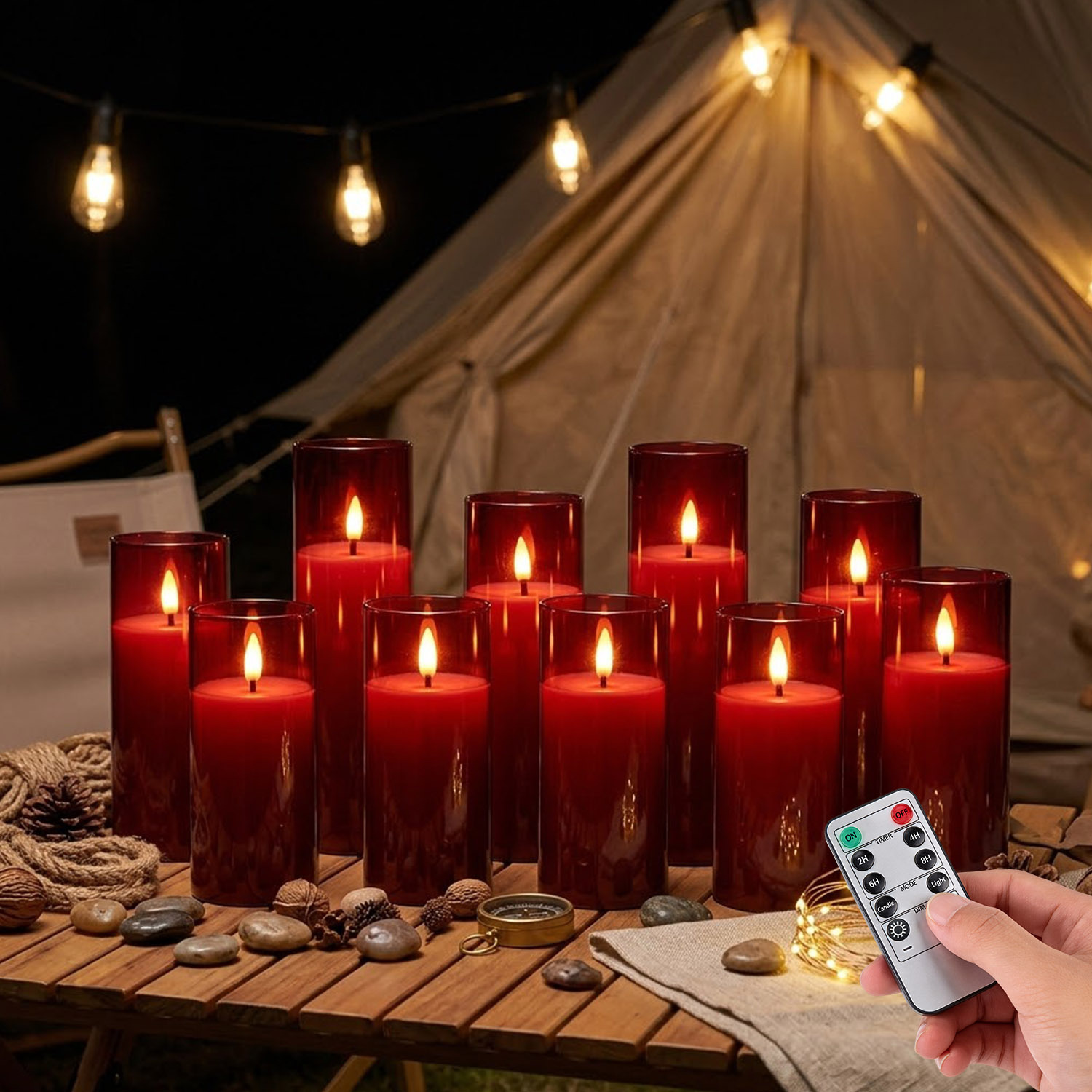 TEMU 10pcs Set Remote-controlled Christmas Candles, Red Acrylic Cover Led Flameless Flickering Candles With Remote , Timer, And Adjustable Lighting