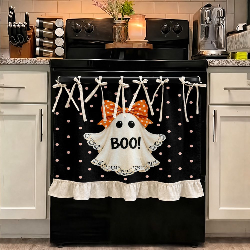 TEMU Housse plate 2D, style Halloween 2D, pour appareil de cuisine, rideau de multifonctionnel pour four, mignonne avec texte "Boo" et pois, en tissu