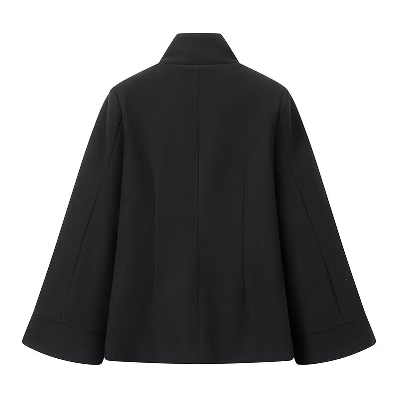 Women'S Fall/Winter Elegant& Retro Black High- neck Double- breasted Bell- sleeve Coat- High- quality Fabric, Waist- cinching Belt Detail, Ideal for Formal Dinners, Business Events& Theatre Outings