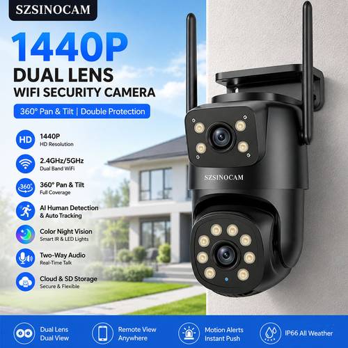 poza articolului cameră de securitate wifi cu obiectiv dual ptz 1440p, cameră wireless de exterior dual band 2.4g/5g, pan tilt 360°, detectare mișcare ai, urmărire automată, vedere nocturnă , bidirecțională, vizualizare de la distanță, stocare cloud și card sd