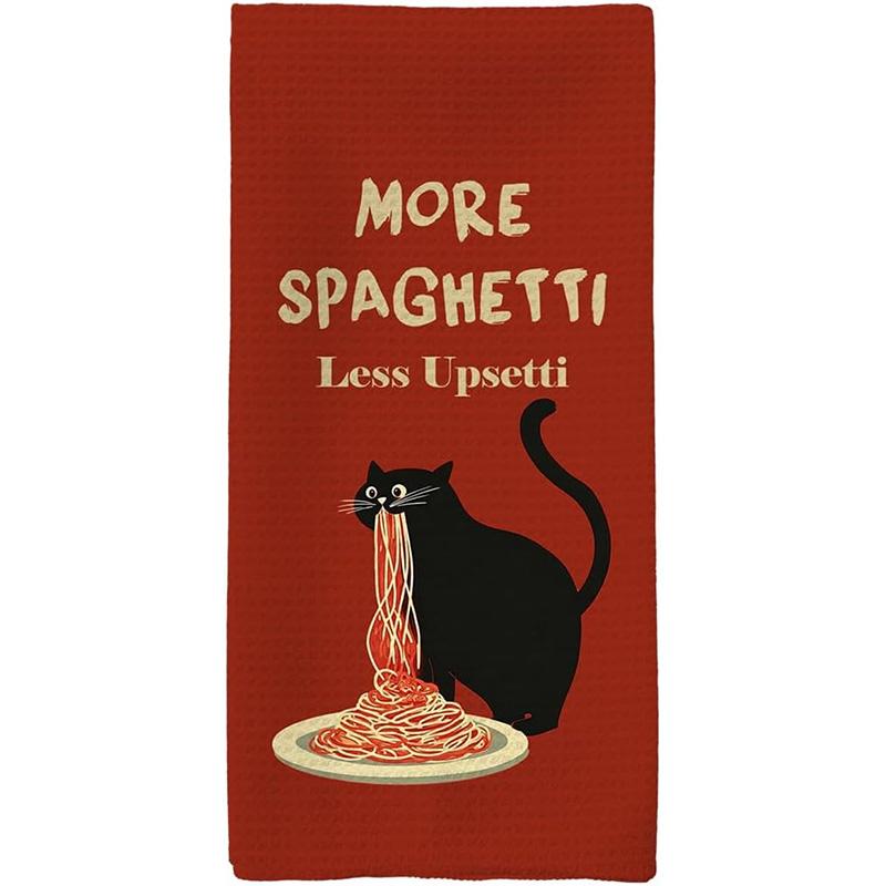 TEMU 1pc Fun Black Cat Eating Dish Cloth Tea Towel 16x24 Inches, "more Spaghetti Less Upsetti" Vintage Humorous Kitten Kitchen Dish Towel, Neighbor